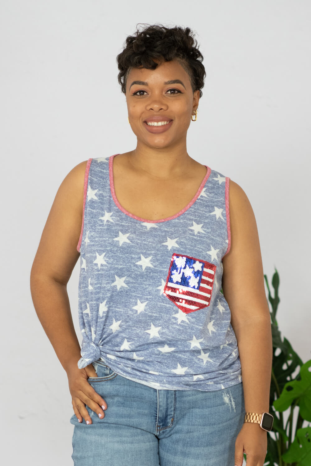 e. Luna Star Spangled Full Size Printed Sequin Pocket Tank