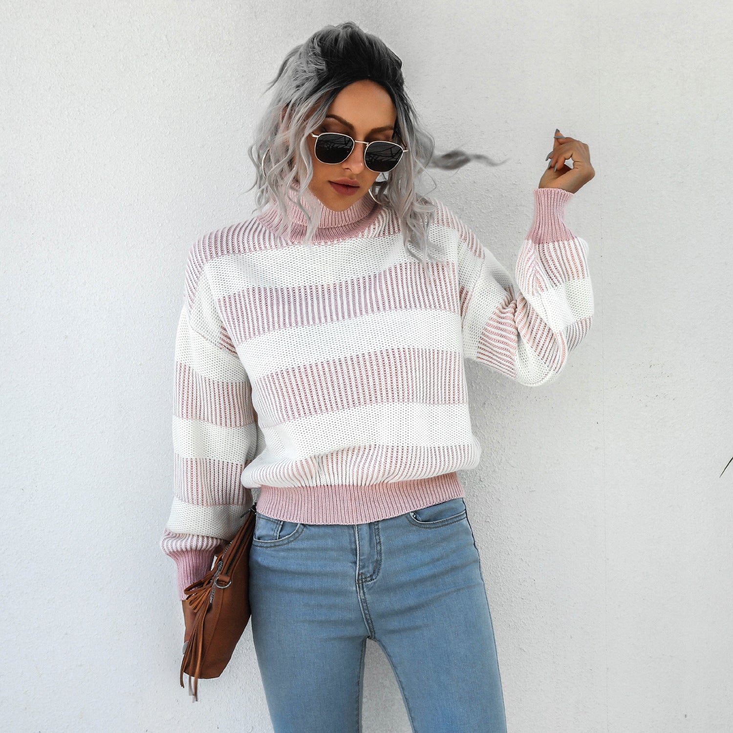 Striped Ribbed Trim Lantern Sleeve Turtleneck Sweater