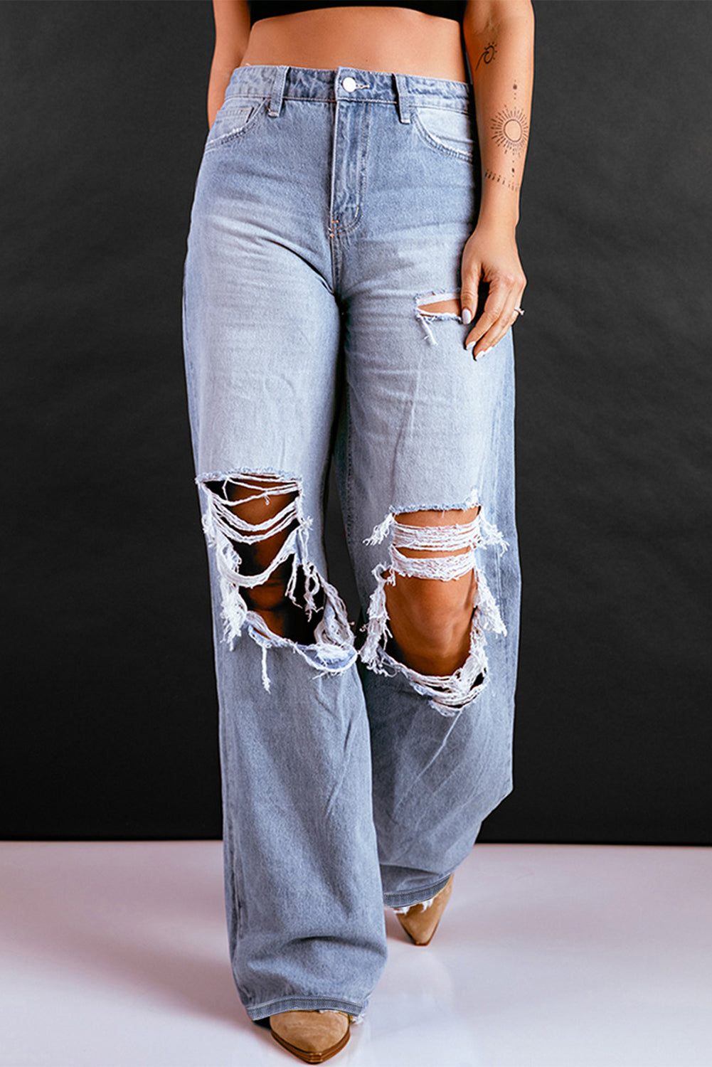 High Waist Distressed Wide Leg Jeans with Pockets