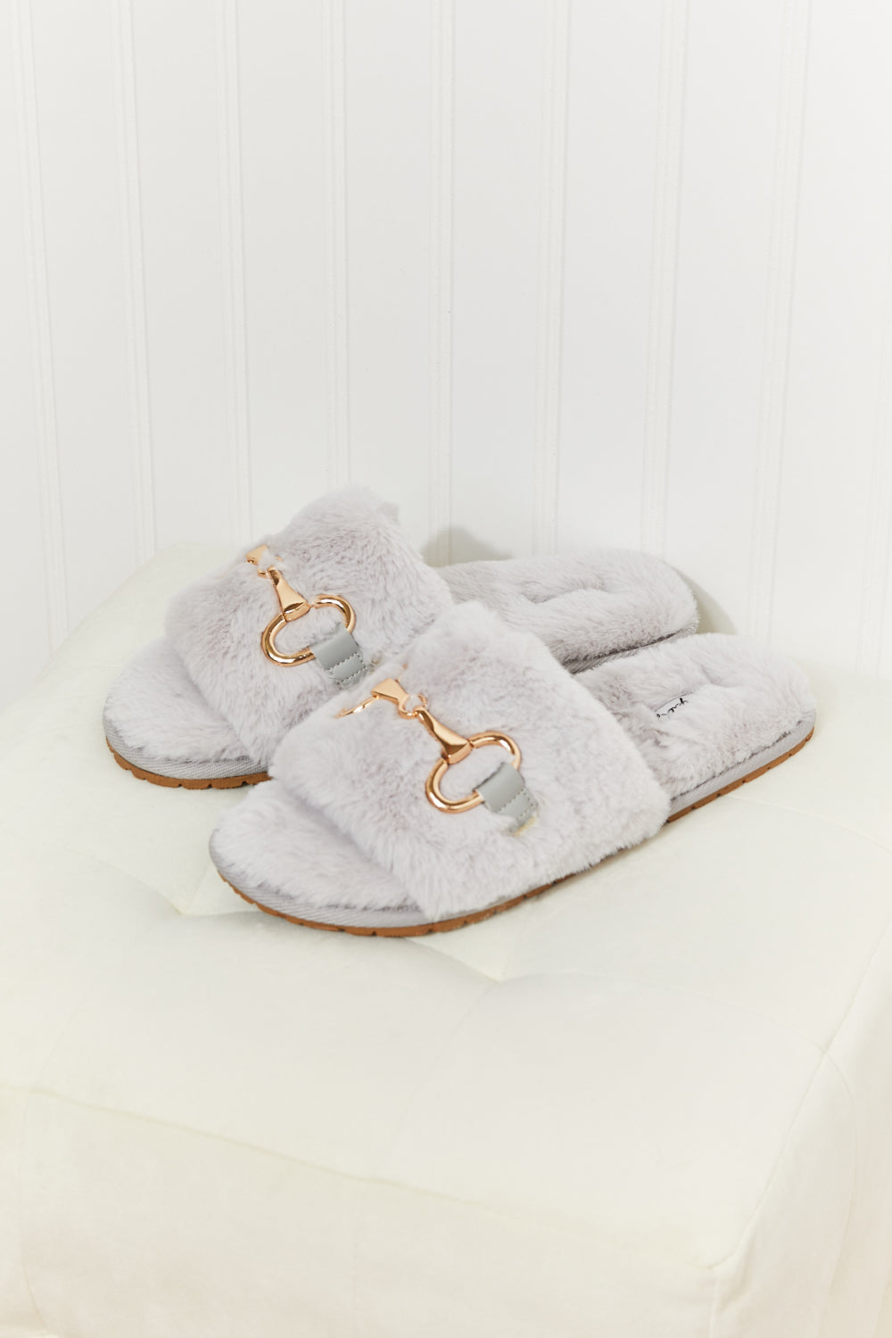 Qupid Those Quiet Moments Metal Detail Faux Fur Slide Slippers