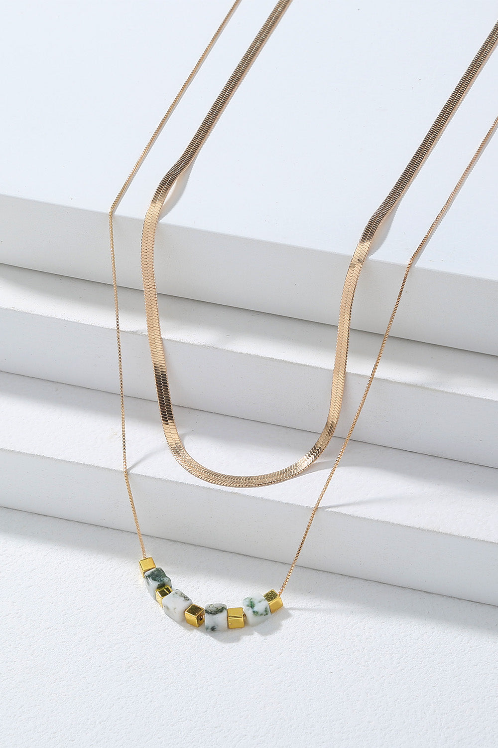 Square Bead and Snake Chain Necklace Set