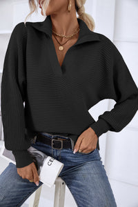 Horizontal-Ribbing Balloon Sleeve Collared Pullover