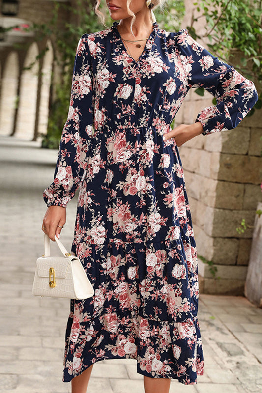 Floral Frill Trim Ruffle Hem Midi Dress (Belt Not Included)