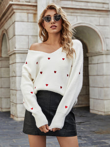 Heart Print V-Neck Dropped Shoulder Sweater