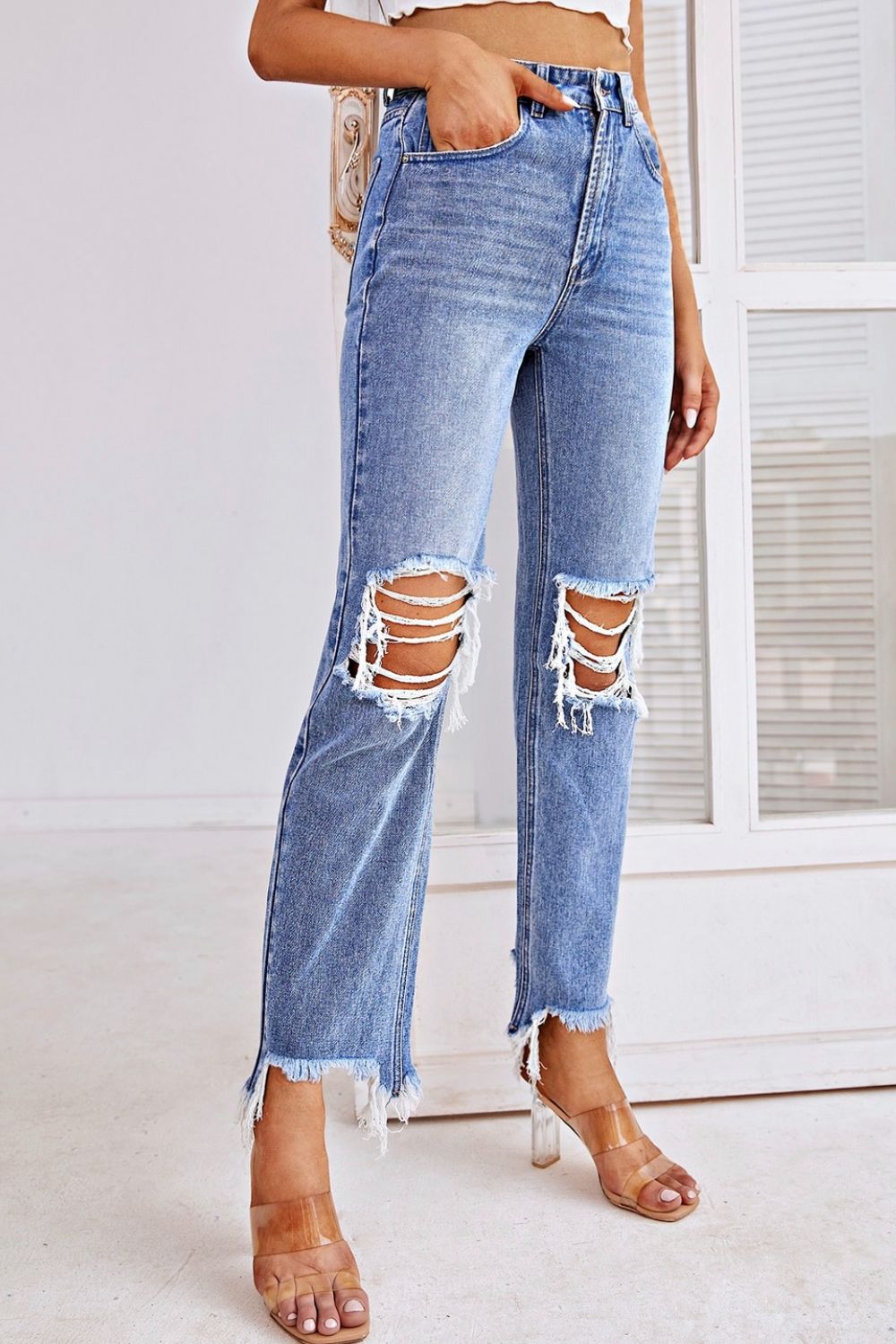 Distressed Raw Hem Straight Leg Jeans