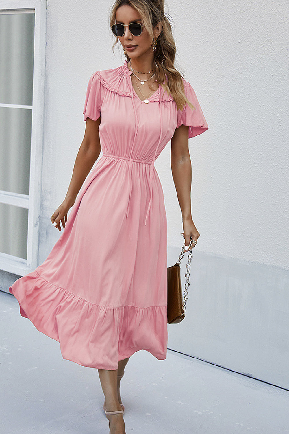 Tie Neck Frill Trim Tiered Midi Dress