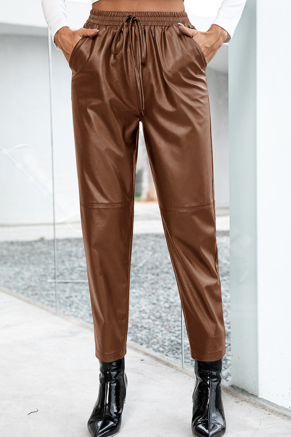 Seamed Elastic Waist PU Leather Pants