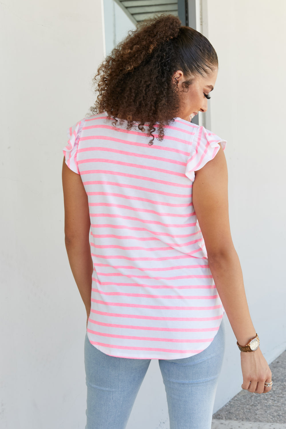 Sew In Love Illuminate the Way Full Size Striped Tee in Neon Pink