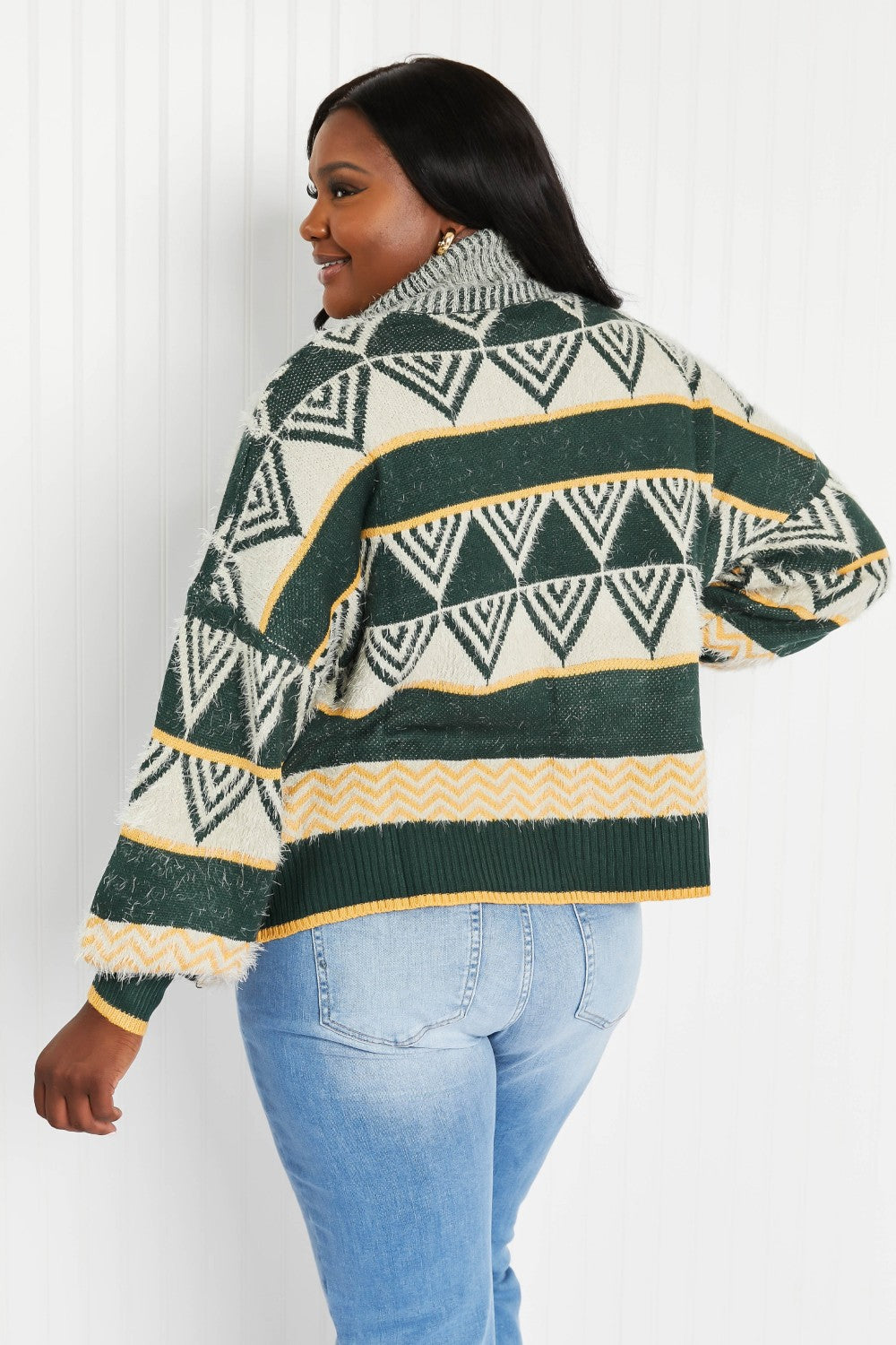 Davi & Dani Cozy Weather Full Size Geometric Fuzzy Turtleneck Sweater in Green