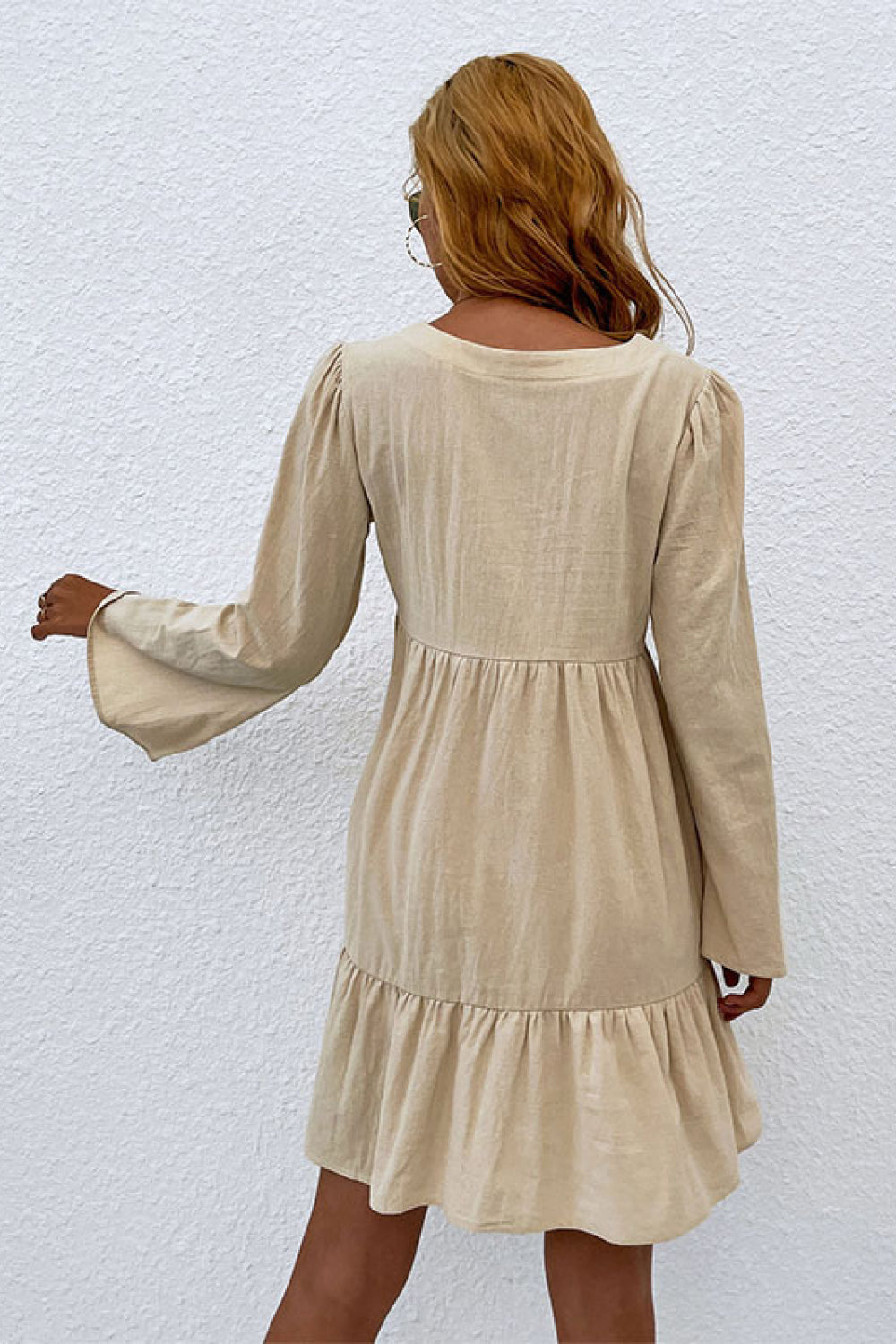 Buttoned Flared Sleeve Tiered Dress