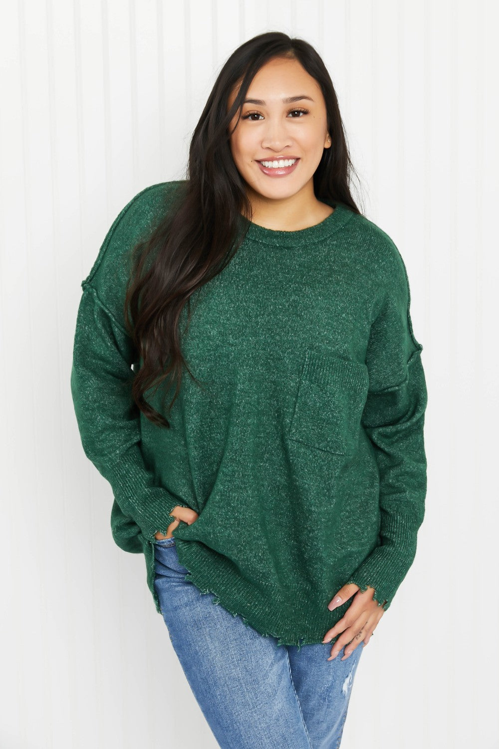 Zenana Pine Views Full Size Distressed Melange Sweater