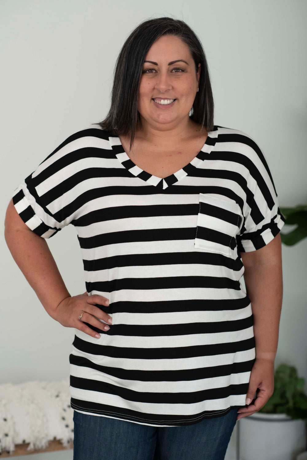 Sew In Love Out and About Full Size Striped Pocket Tee in Black and Ivory