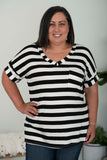 Sew In Love Out and About Full Size Striped Pocket Tee in Black and Ivory