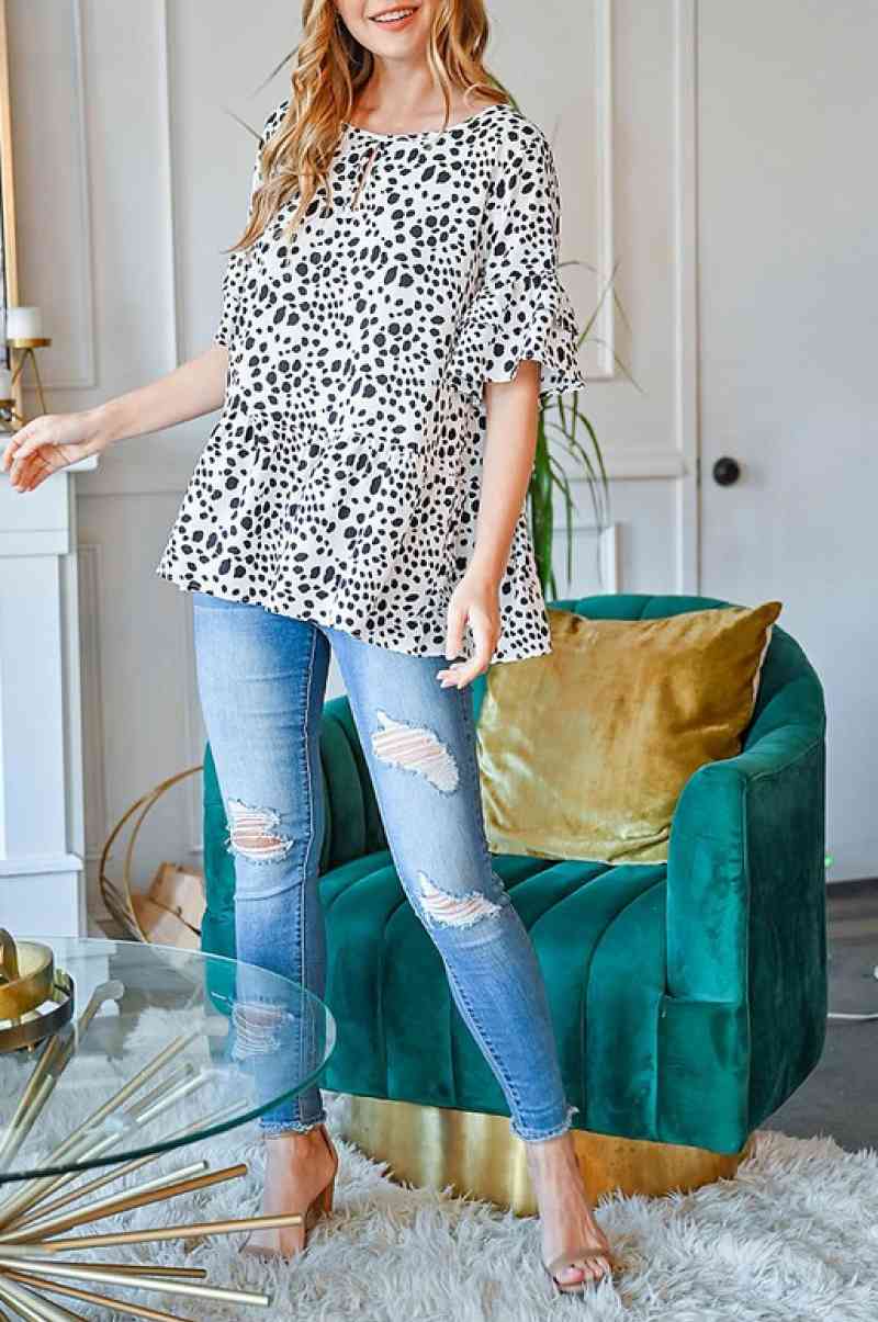 Animal Print Ruffled Front Keyhole Top