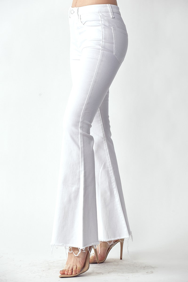 RISEN Mid-Rise Raw Hem Flare Jeans in White