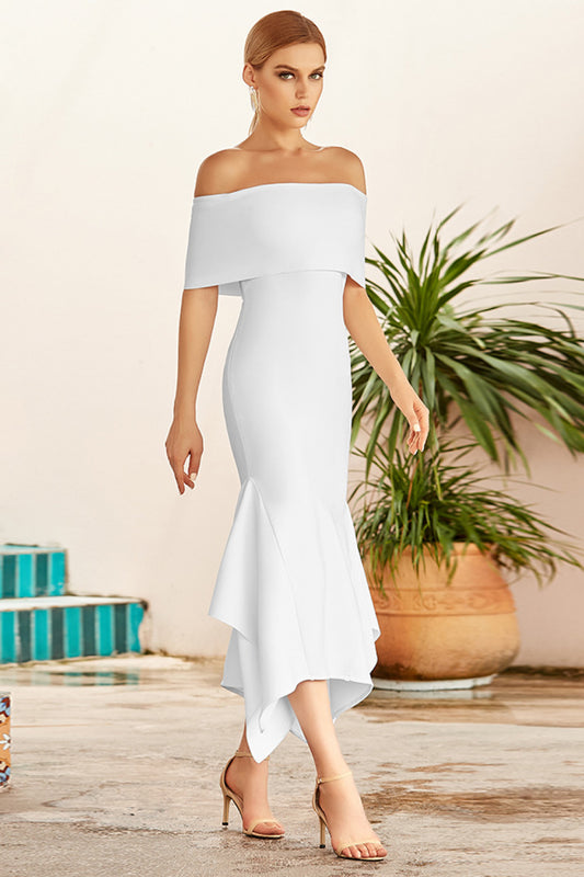 Off-Shoulder Ruffle Hem Midi Dress