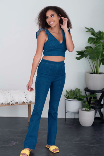 SHOPIRISBASIC One in a Million Denim Crop Top and Flare Pants Set