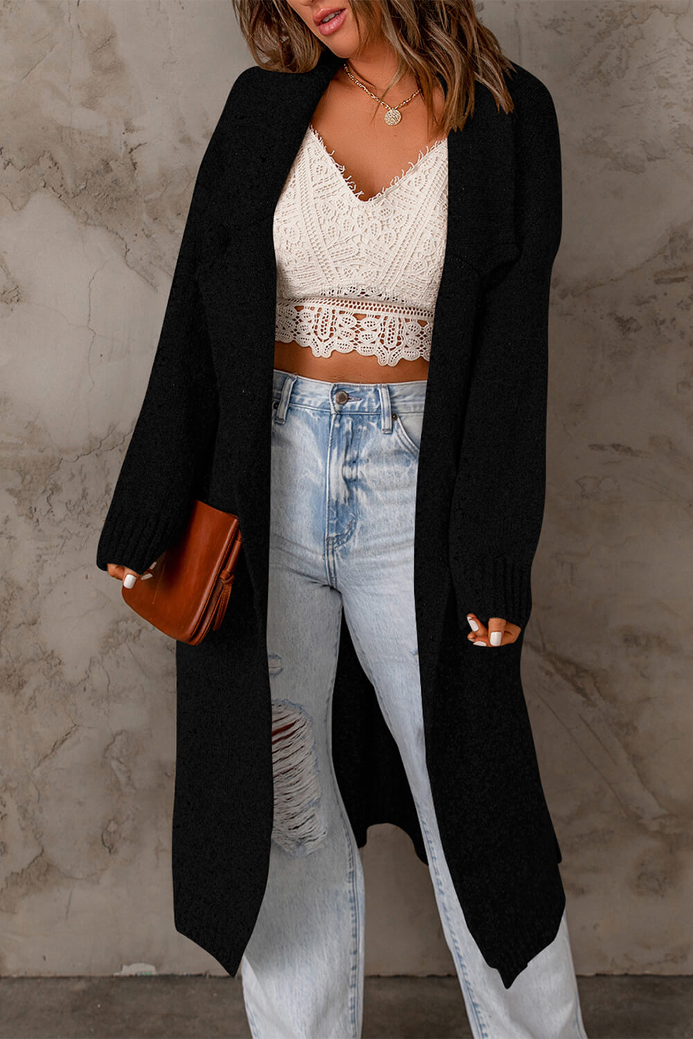 Ribbed Trim Belted Duster Sweater Cardigan