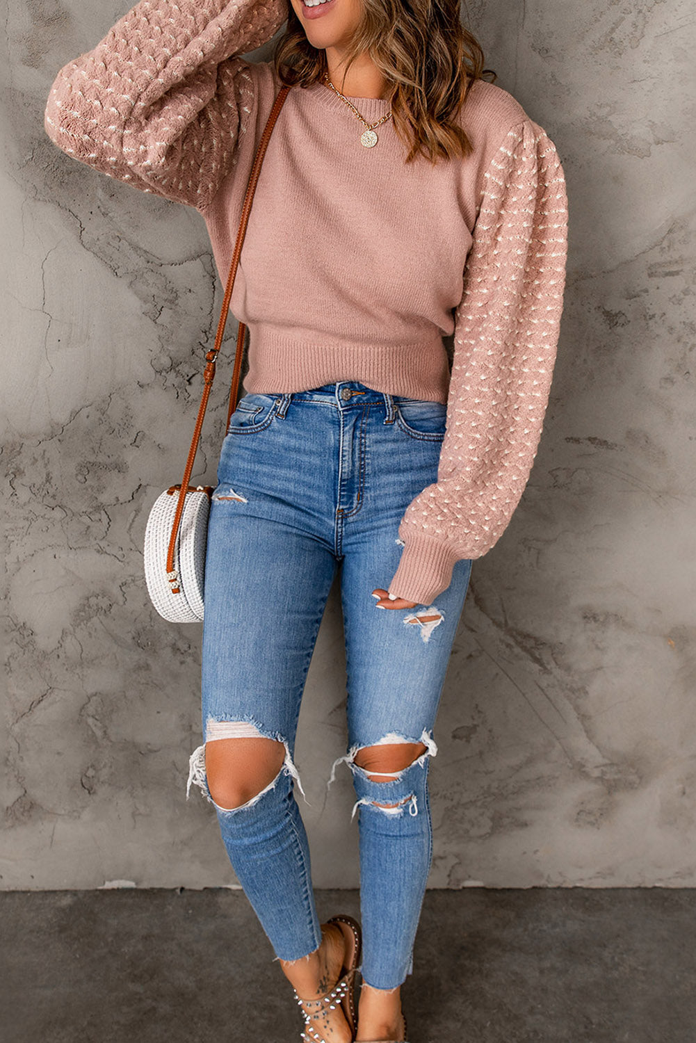 Round Neck Puff Sleeve Ribbed Trim Sweater