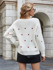 Heart Print V-Neck Dropped Shoulder Sweater