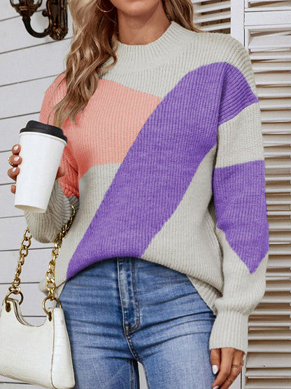 Color Block Dropped Shoulder Mock Neck Sweater