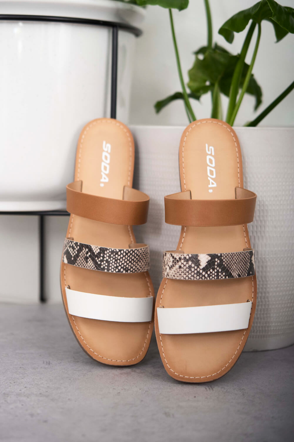 SODA Begin Anew Snakeskin Tri-Strap Sandals