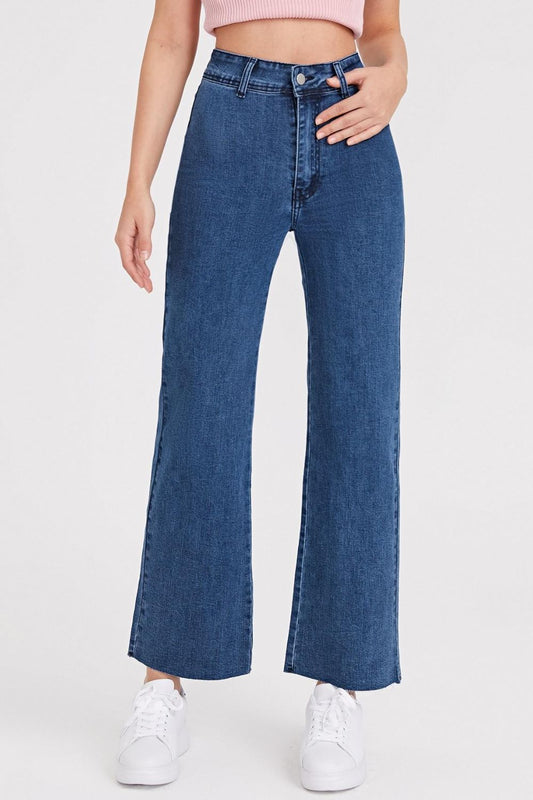 One-Button High Waist Bootcut Jeans with Pockets