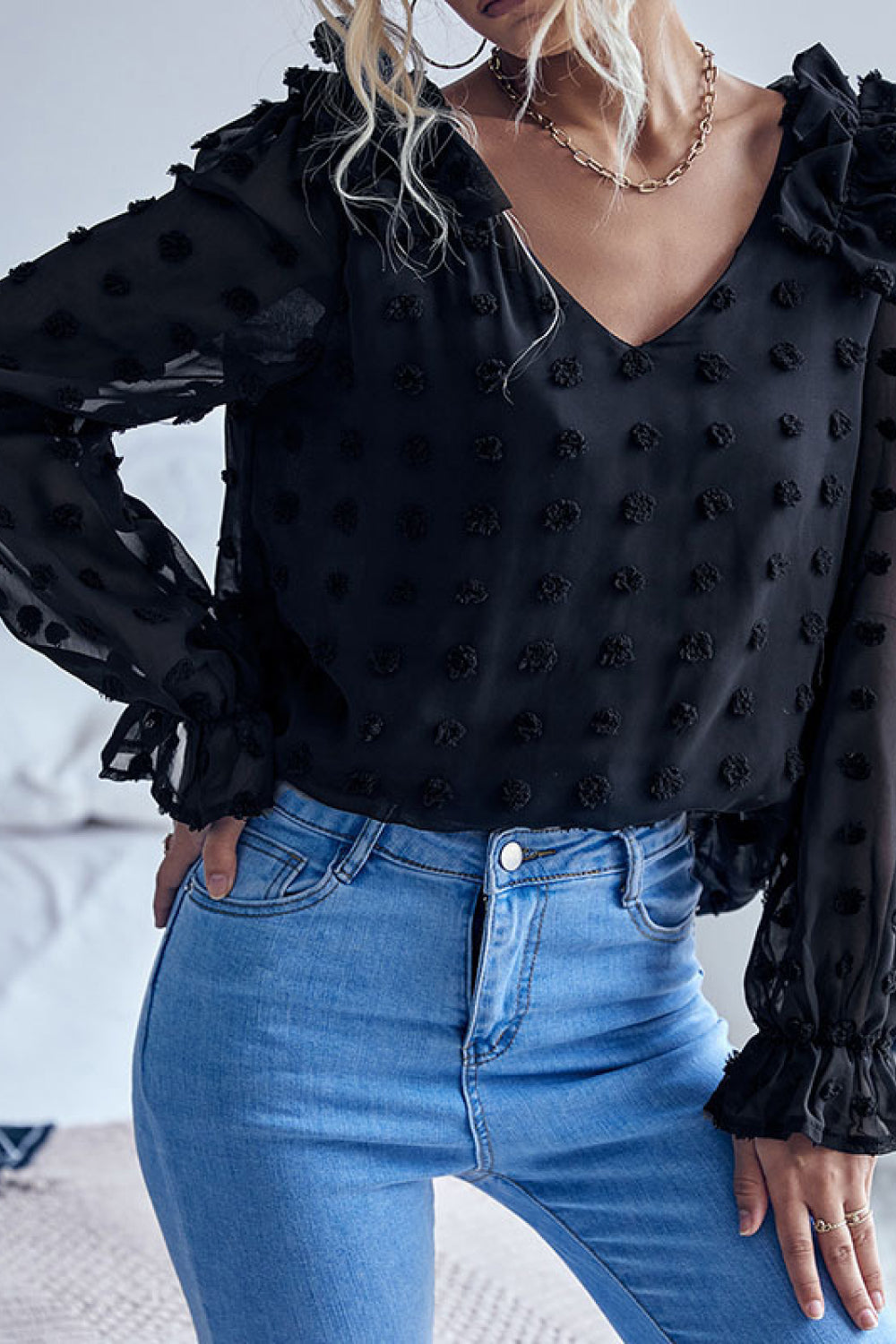 Swiss Dot Ruffled Shoulder Blouse