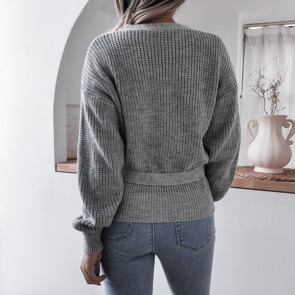 Rib-Knit Lantern Sleeve Wrap Sweater