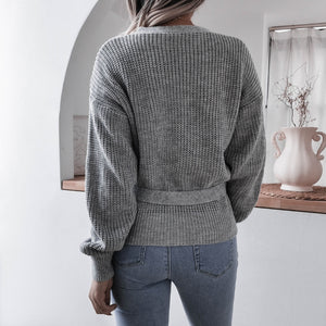 Rib-Knit Lantern Sleeve Wrap Sweater