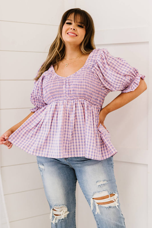 Davi & Dani Youthful Days Full Size Run Gingham Smocked Babydoll Top