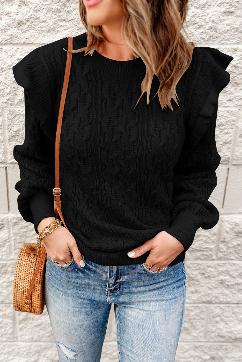 Ruffle Shoulder Cable-Knit Sweater