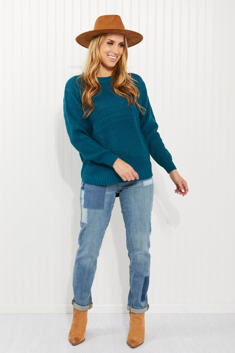 Zenana Autumn is Calling Full Size Waffle Knit Sweater in Teal