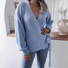 Load image into Gallery viewer, Rib-Knit Lantern Sleeve Wrap Sweater
