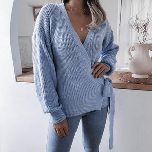 Rib-Knit Lantern Sleeve Wrap Sweater