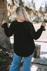 Plus Size Mesh Sleeve Tie-Neck Blouse