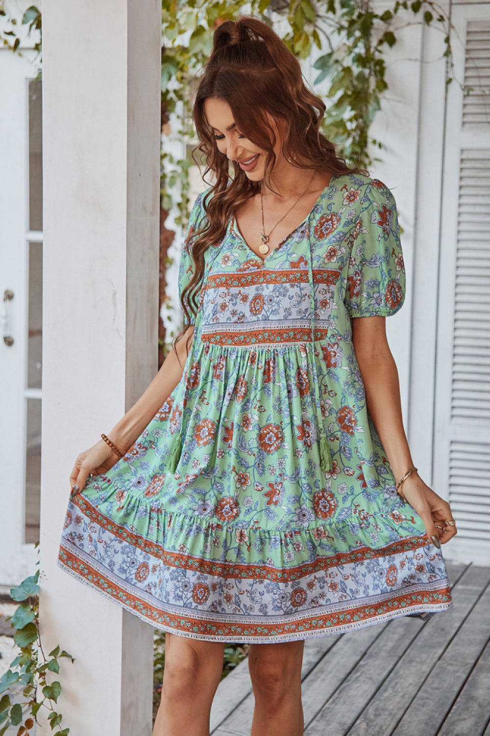 Floral Tie Neck Bohemian Mini Dress