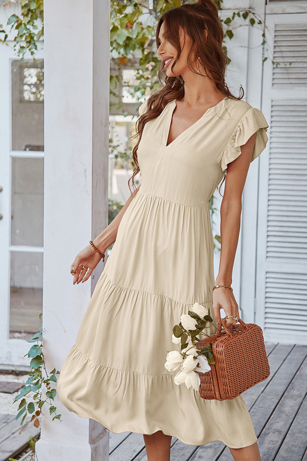 Flutter Sleeve Tiered Midi Dress