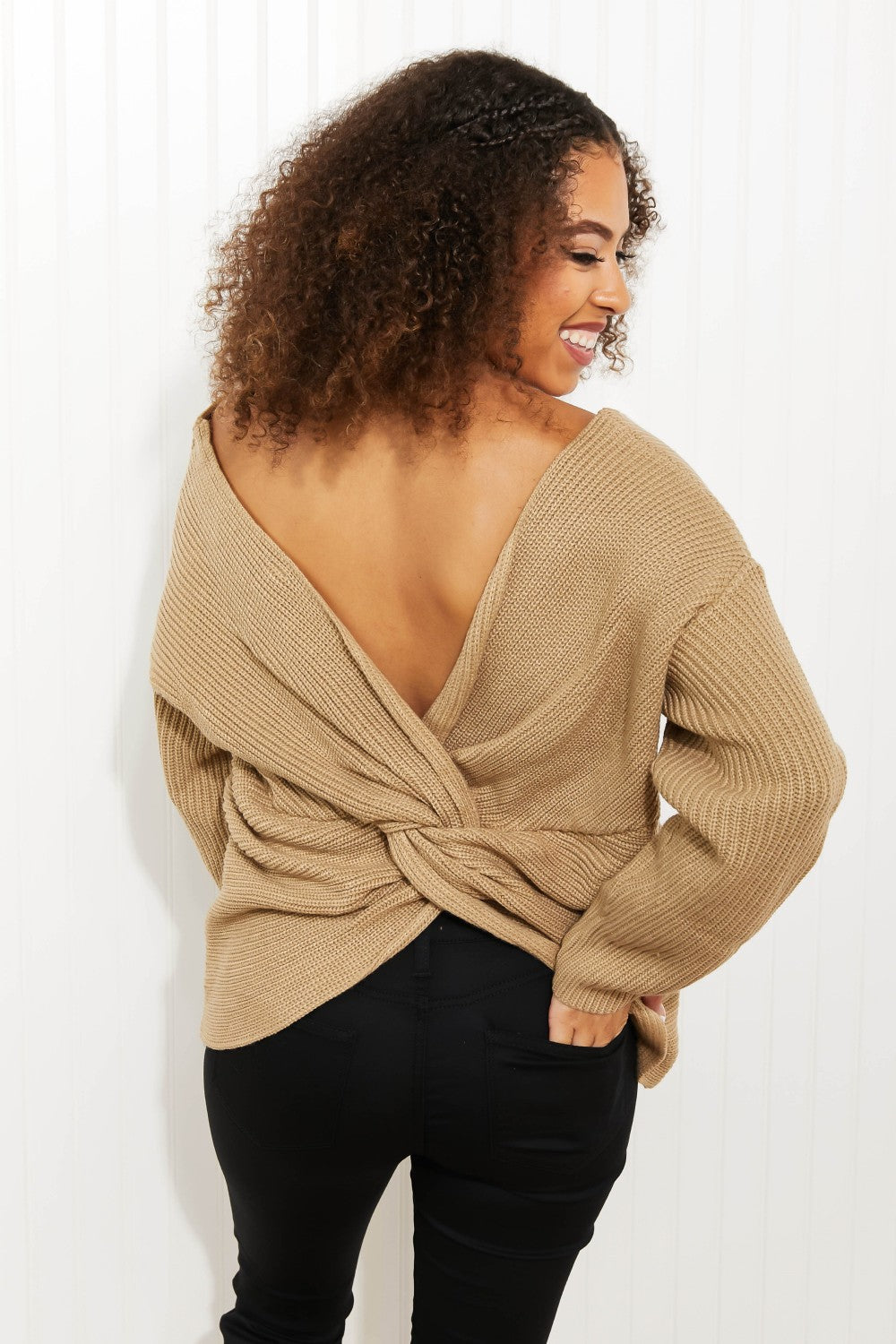 CY Fashion Just a Little Twist Full Size Open Back Sweater