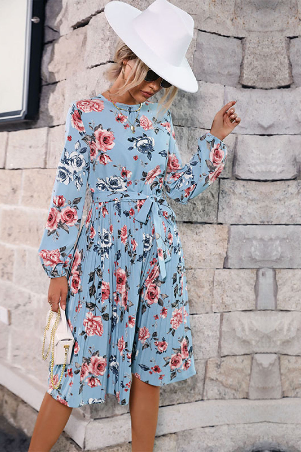 Floral Balloon Sleeve Pleated Midi Dress