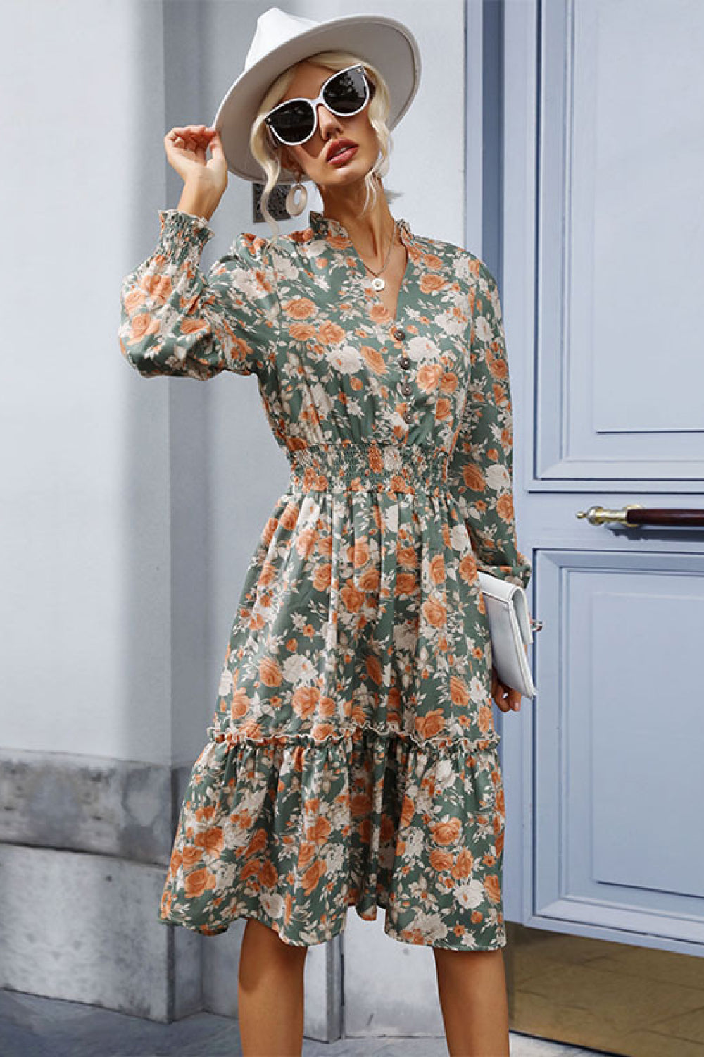 Floral Smocked Decorative Button Midi Dress