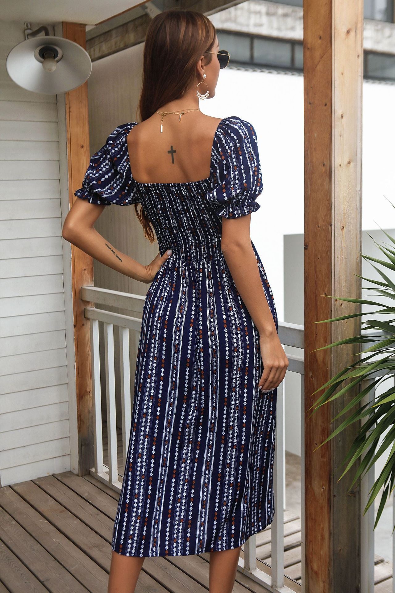 Geometric Print Side Slit Puff Sleeve Midi Dress