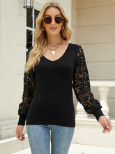 Load image into Gallery viewer, Lace Sleeve Ribbed Trim V-Neck Sweater
