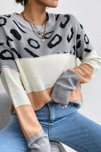 Leopard Color Block Round Neck Sweater