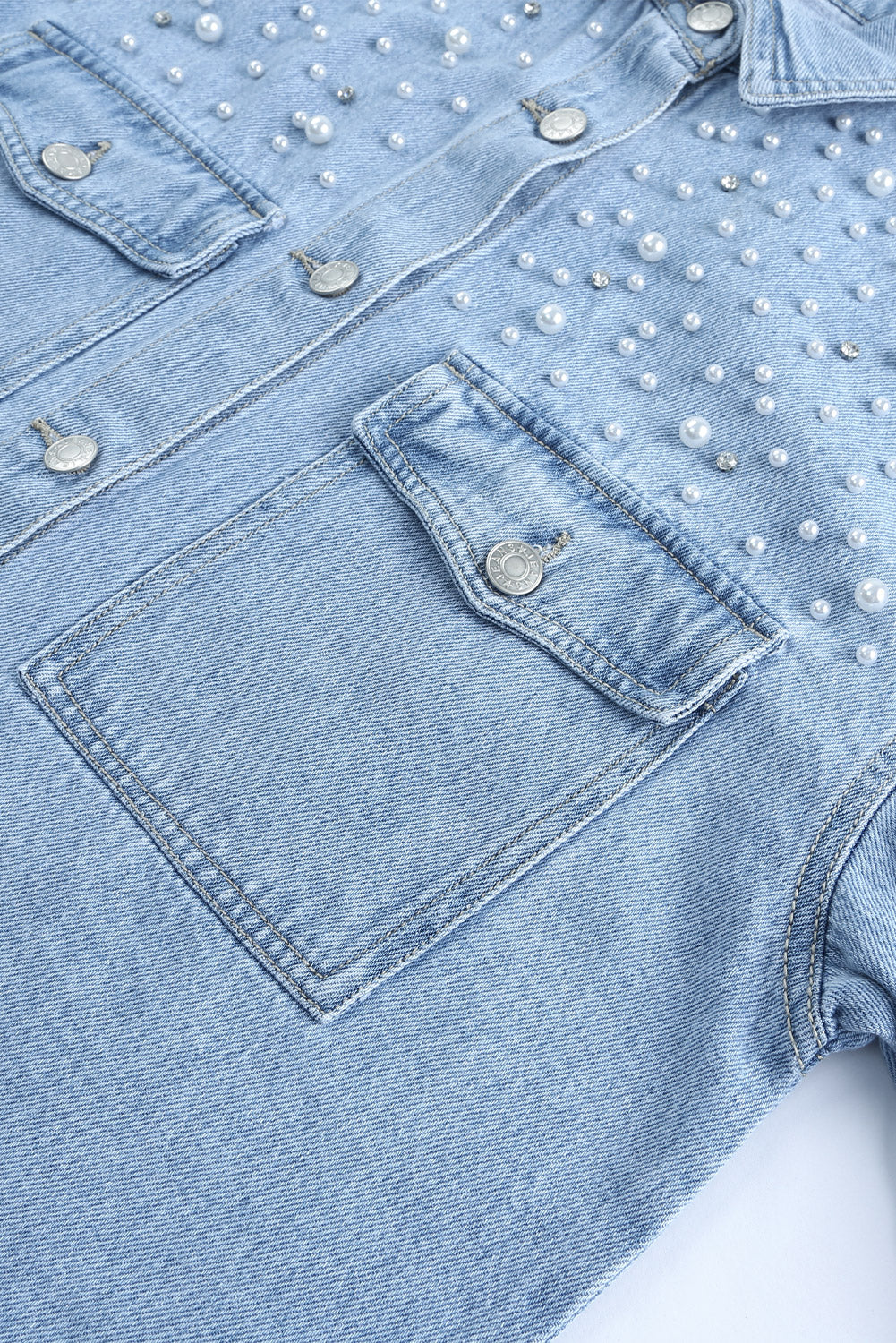 Pearl Detail Frayed Hem Denim Jacket