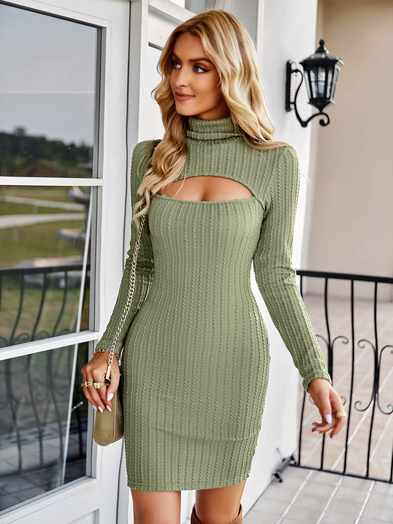 Cutout Textured Turtleneck Knit Dress