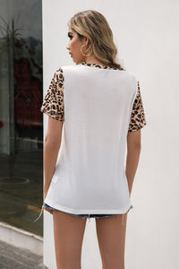 Leopard Spliced V-Neck Tee