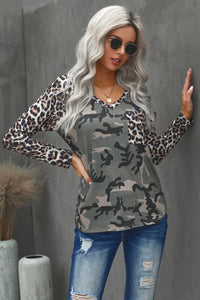 Leopard Camouflage Print V-Neck Long Sleeve Tee