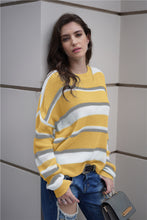 Load image into Gallery viewer, Striped Rib-Knit Round Neck Long Sleeve Sweater
