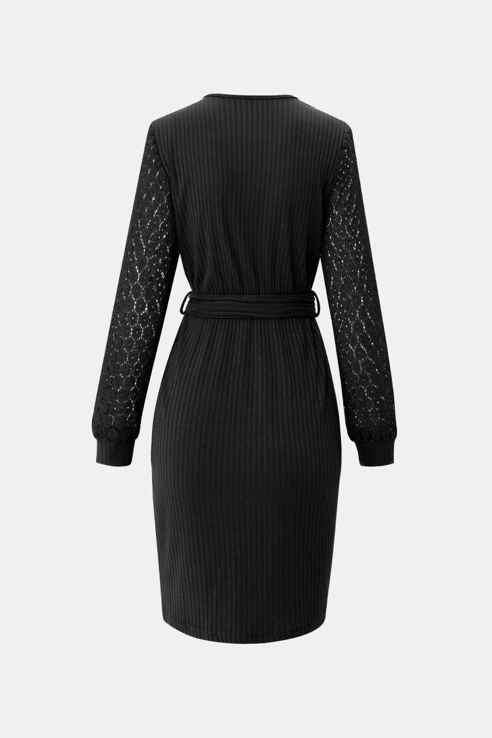 Belted Lace Sleeve Ribbed Surplice Dress